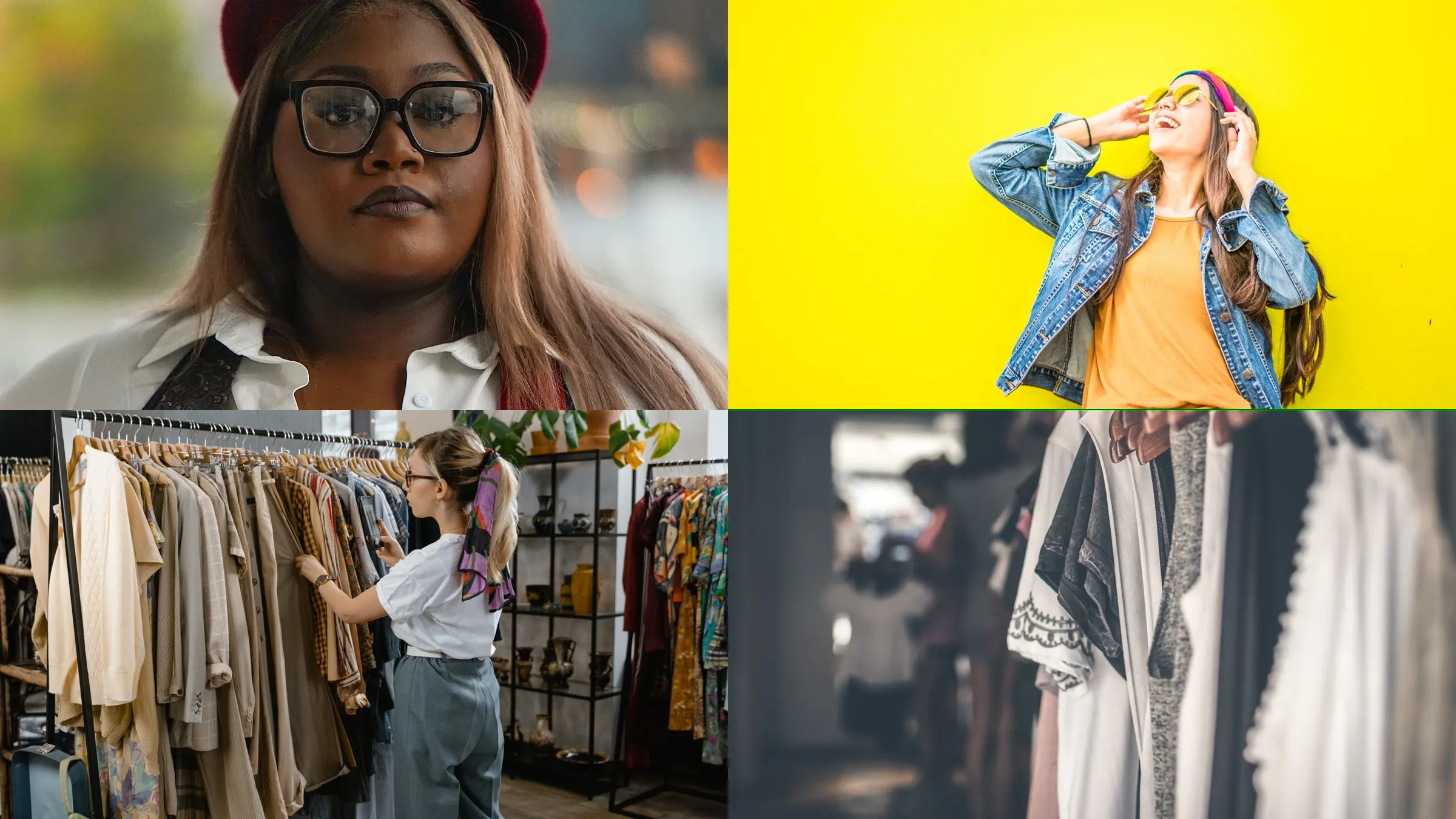 A four-panel fashion montage: a portrait in a white shirt, a denim look against a yellow wall, a shopper at a clothing rail and tailored garments in neutral tones